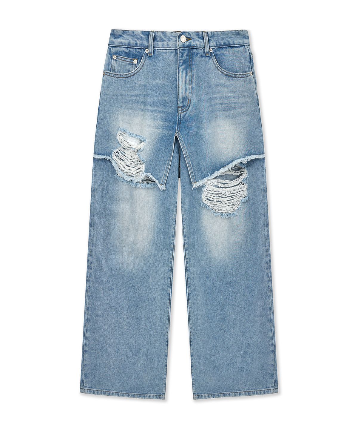 마뗑킴(MATIN KIM) FRONT LAYERED DISTRESSED DENIM PANTS IN BLUE