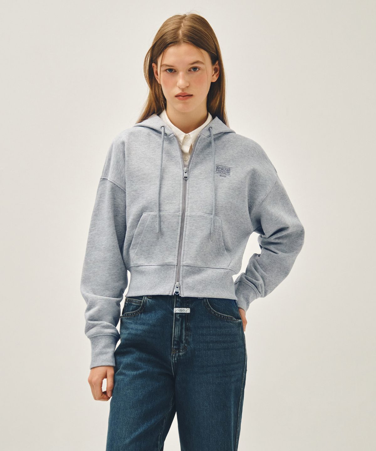 마리떼 프랑소와 저버(MARITHÉ + FRANҪOIS GIRBAUD) W BACK CLASSIC LOGO CROP HOODIE ZIPUP heather gray
