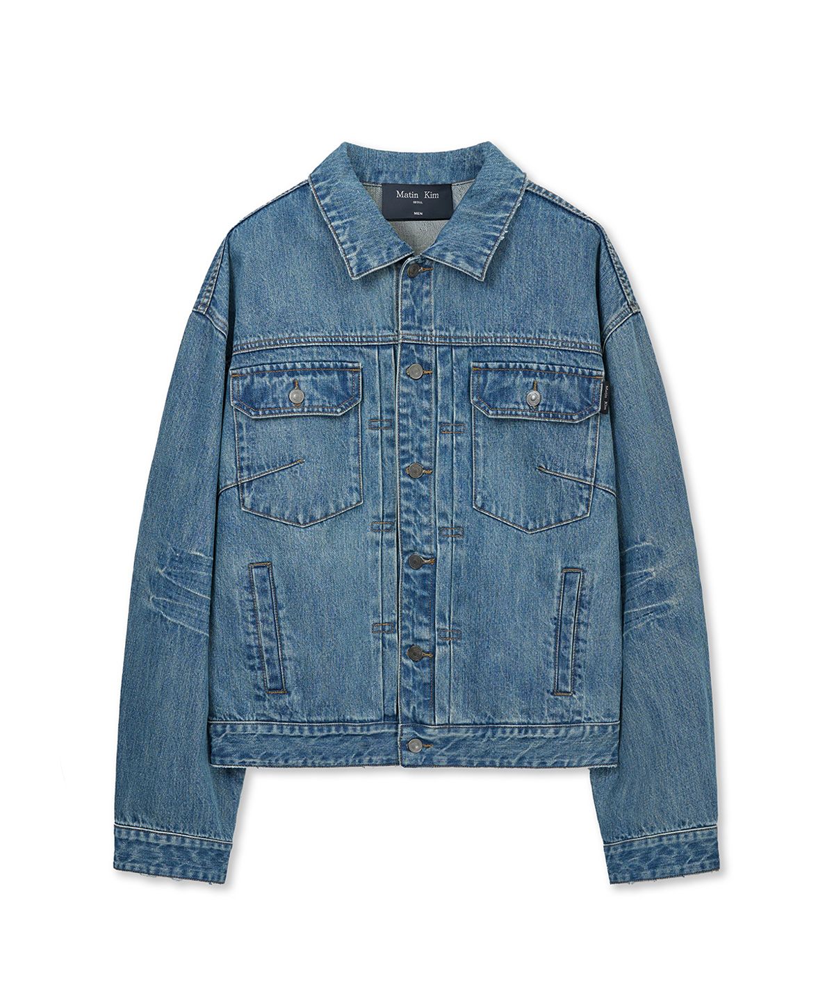 마뗑킴(MATIN KIM) VINTAGE WASHED DENIM TRUCKER FOR MEN IN BLUE