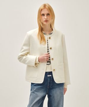 W TWEED ROUND NECK JACKET ivory