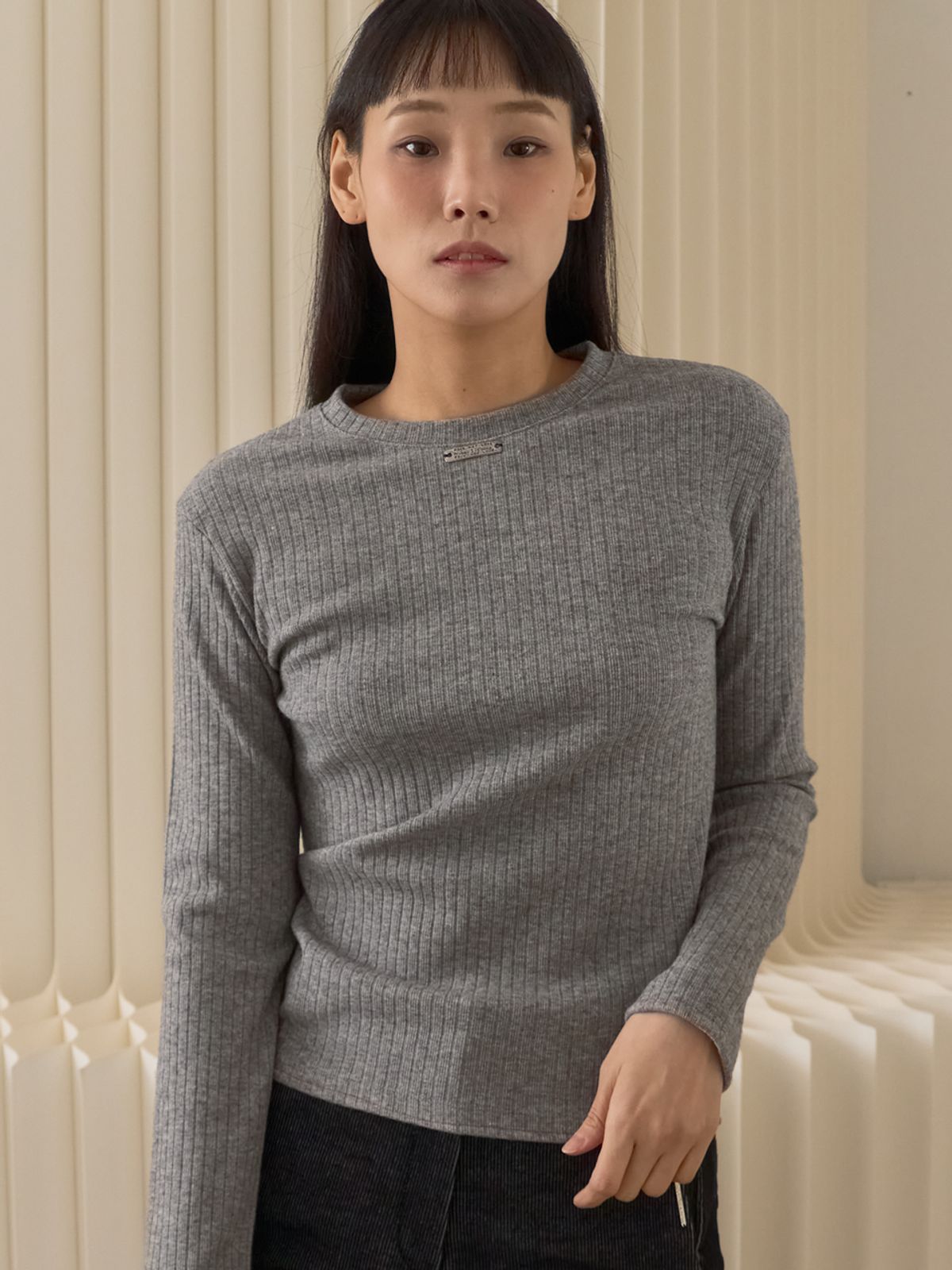 쏘리, 투 머치 러브(SORRY, TOO MUCH LOVE) Fine Rib Long Sleeve Top_Gray