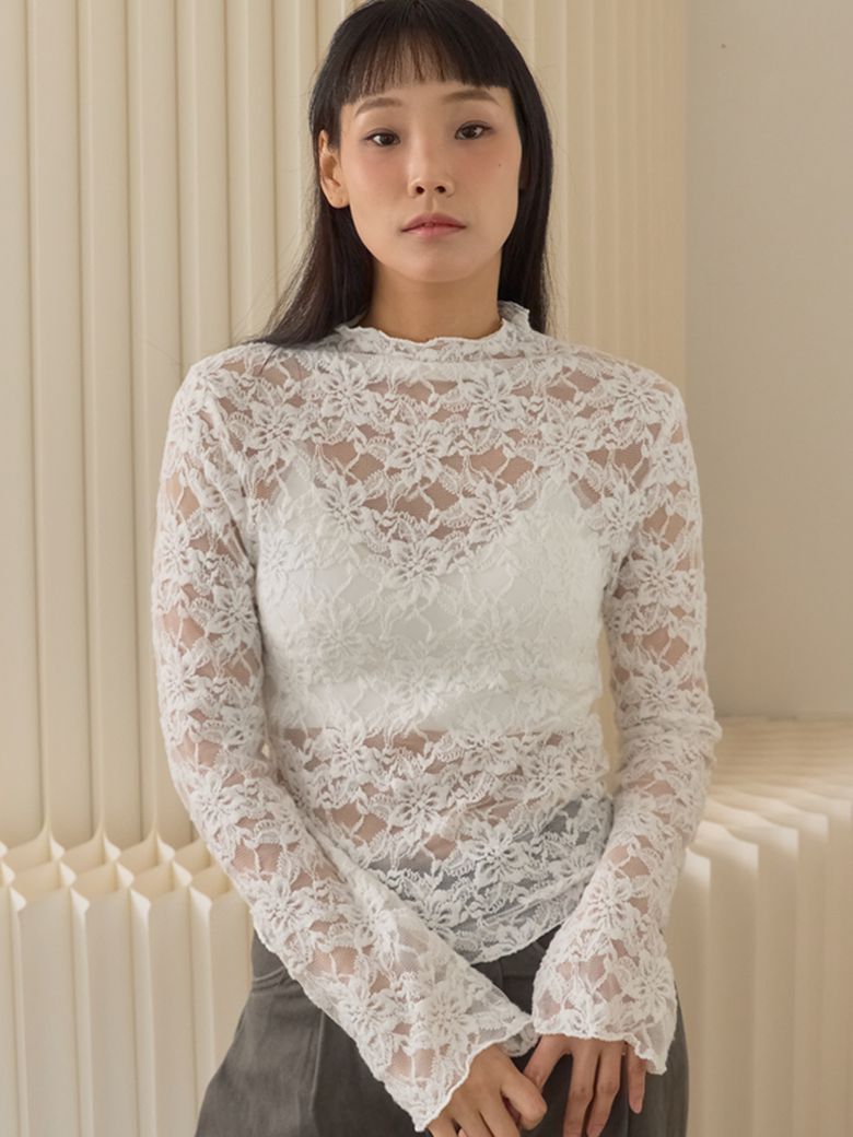 Floral Lace High Neck Top_White