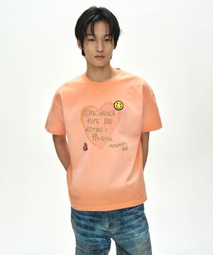 (ESSENTIAL) UNISEX SPRAY WASHED HEART MESSAGE T-SHIRT atb1432u(ORANGE)