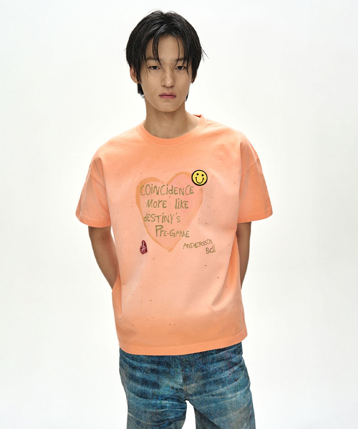 앤더슨벨(ADSB ANDERSSON BELL) (ESSENTIAL) UNISEX SPRAY WASHED HEART MESSAGE T-SHIRT atb1432u(ORANGE)