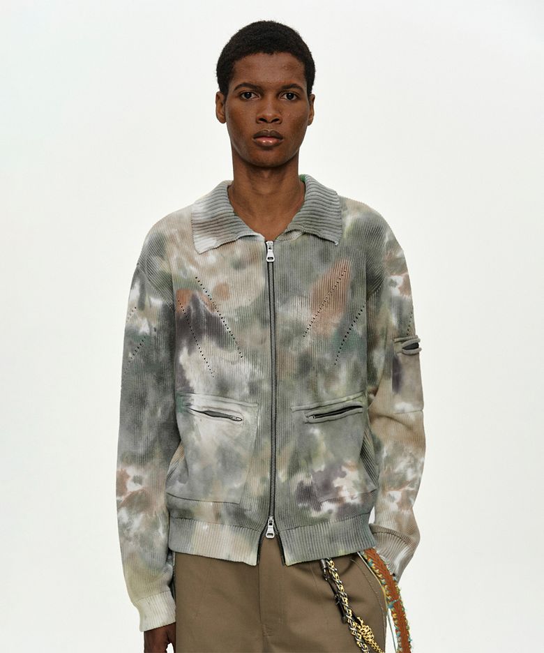 MULTI-DYED KNIT ZIP-UP SWEATER atb1455m(GREEN/BEIGE)