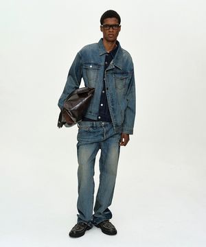 UNISEX ASYMMETRIC LAYERED DENIM JACKET awa747u(BLUE)