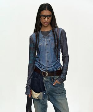 DENIM COLLAGE PRINTED TOP atb1473w(DARK NAVY)