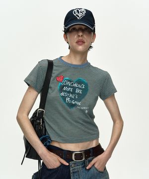 (ESSENTIAL) HEART MESSAGE STRIPE T-SHIRT atb1465w(CHOCO/MINT)