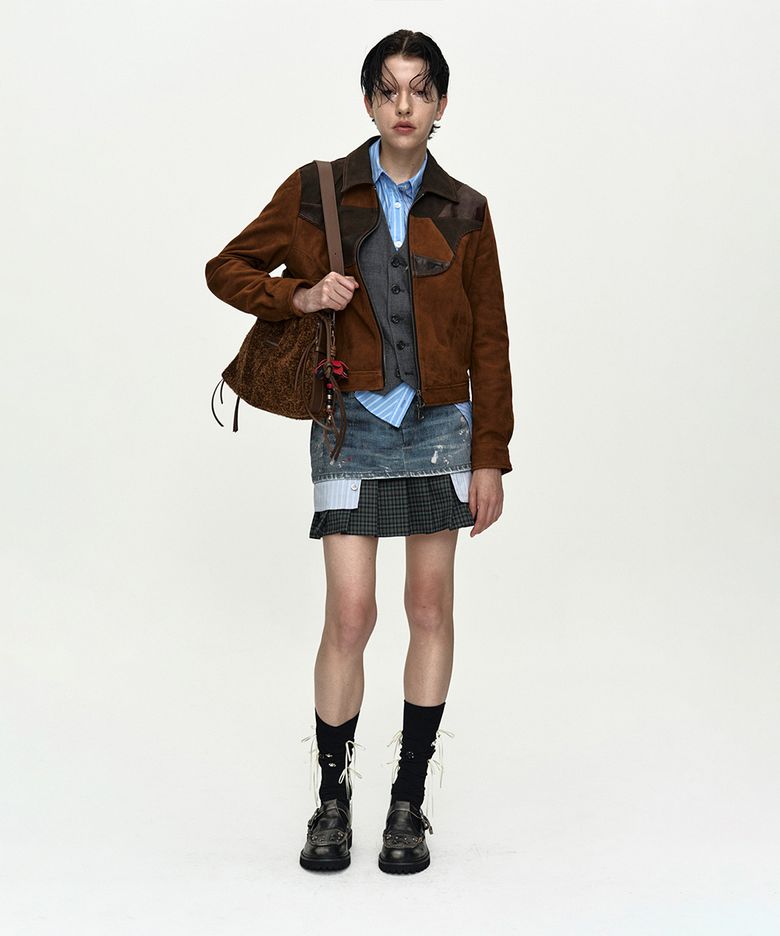 PAINTED DENIM LAYERED MINI PLEATS SKIRT apa884w(BLUE)