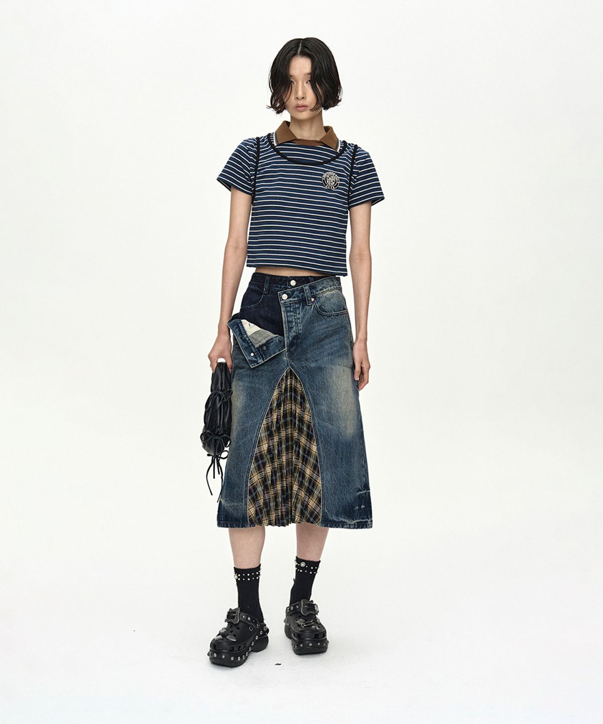 앤더슨벨(ADSB ANDERSSON BELL) PLEATS COMBO FLIPPED DENIM SKIRT apa887w(BLUE)