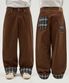 체크 아플리케 롤업 코튼 팬츠 브라운