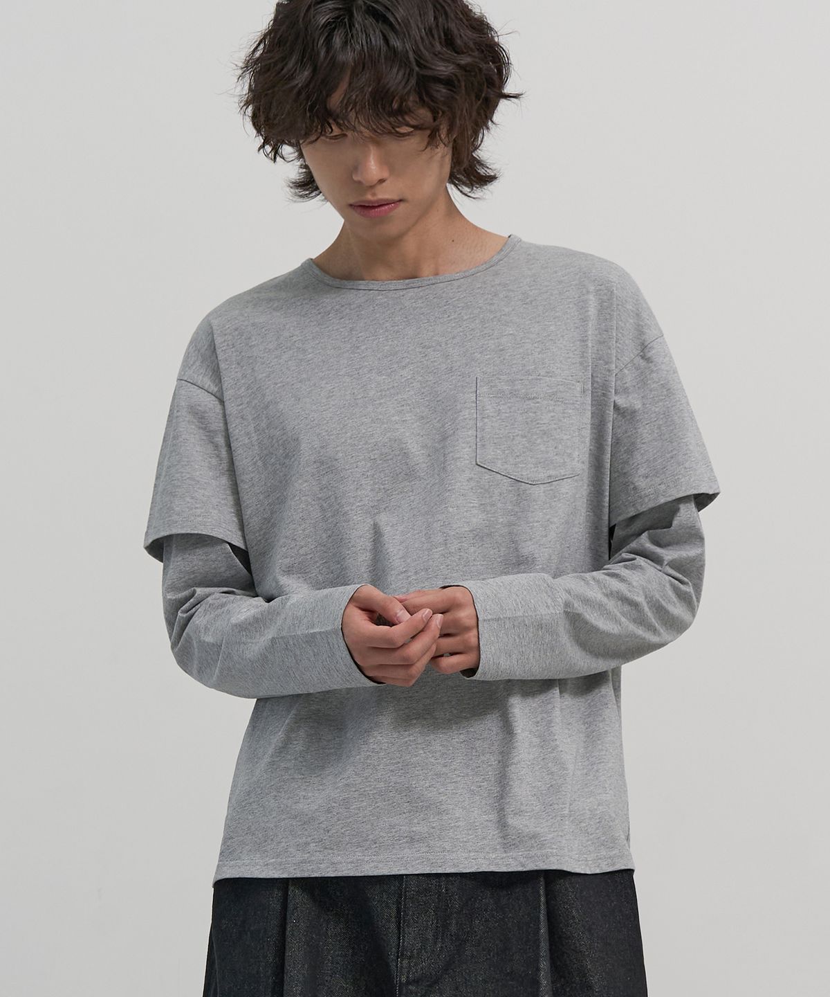 엑스컨테이너(EXCONTAINER) 유넥 레이어드 롱 슬리브 (MELANGE GREY)