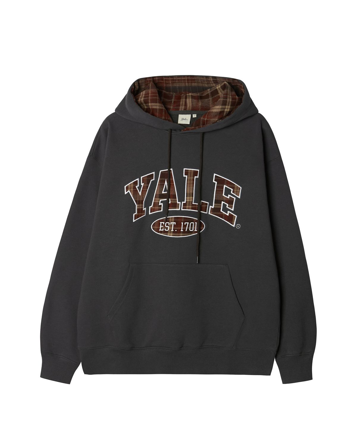 예일(YALE) 체크 투톤아치 후드_차콜