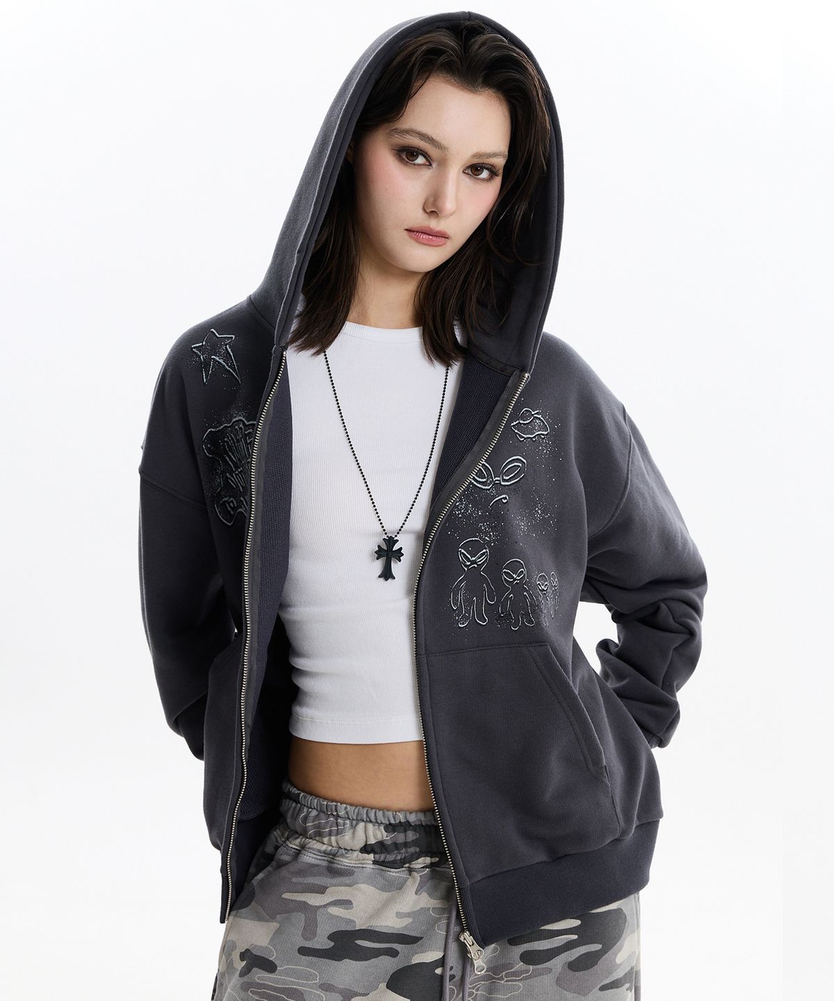 후드후드(HOODHOOD) 두들 에일리언 후드 집업 차콜