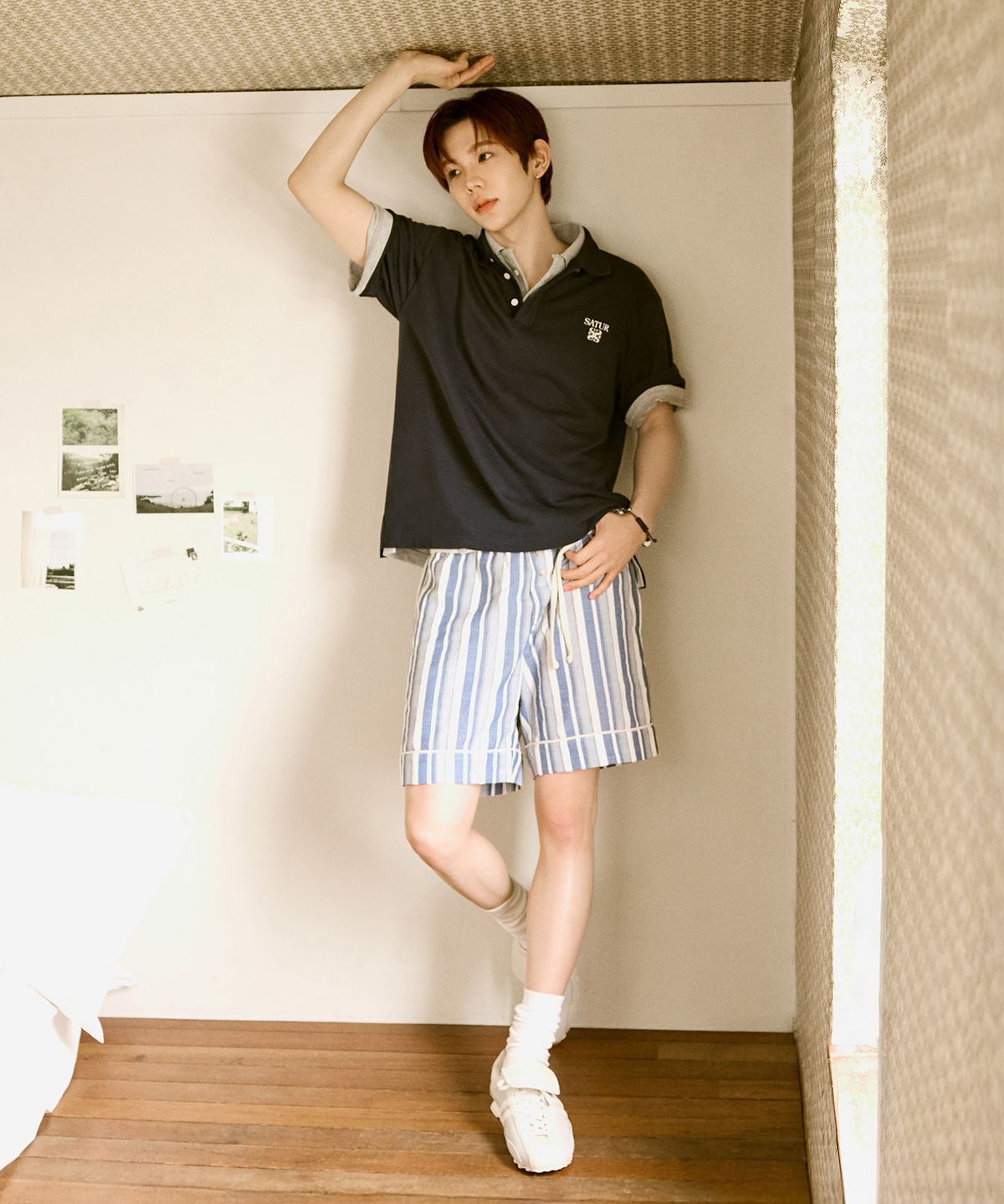세터(SATUR) 홈웨어 스트라이프 레이스업 밴딩 쇼츠 블루