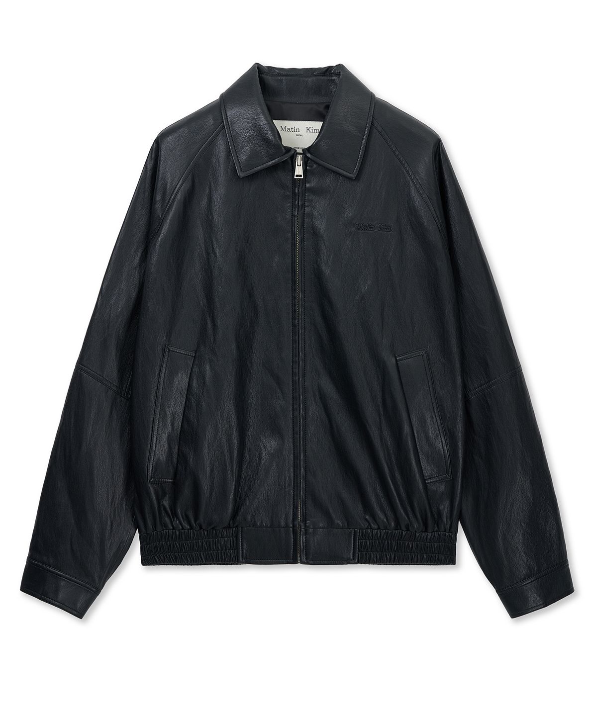 MUSINSA公式 | MATIN KIM SMALL LOGO FAUX LEATHER ZIP UP JUMPER IN BLACK
