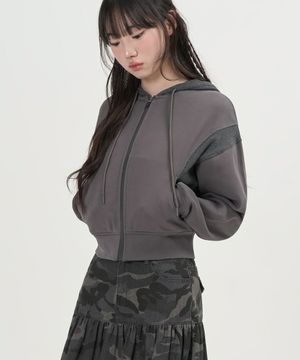 W 크롭 와플 믹스 후드 집업 (CHARCOAL)