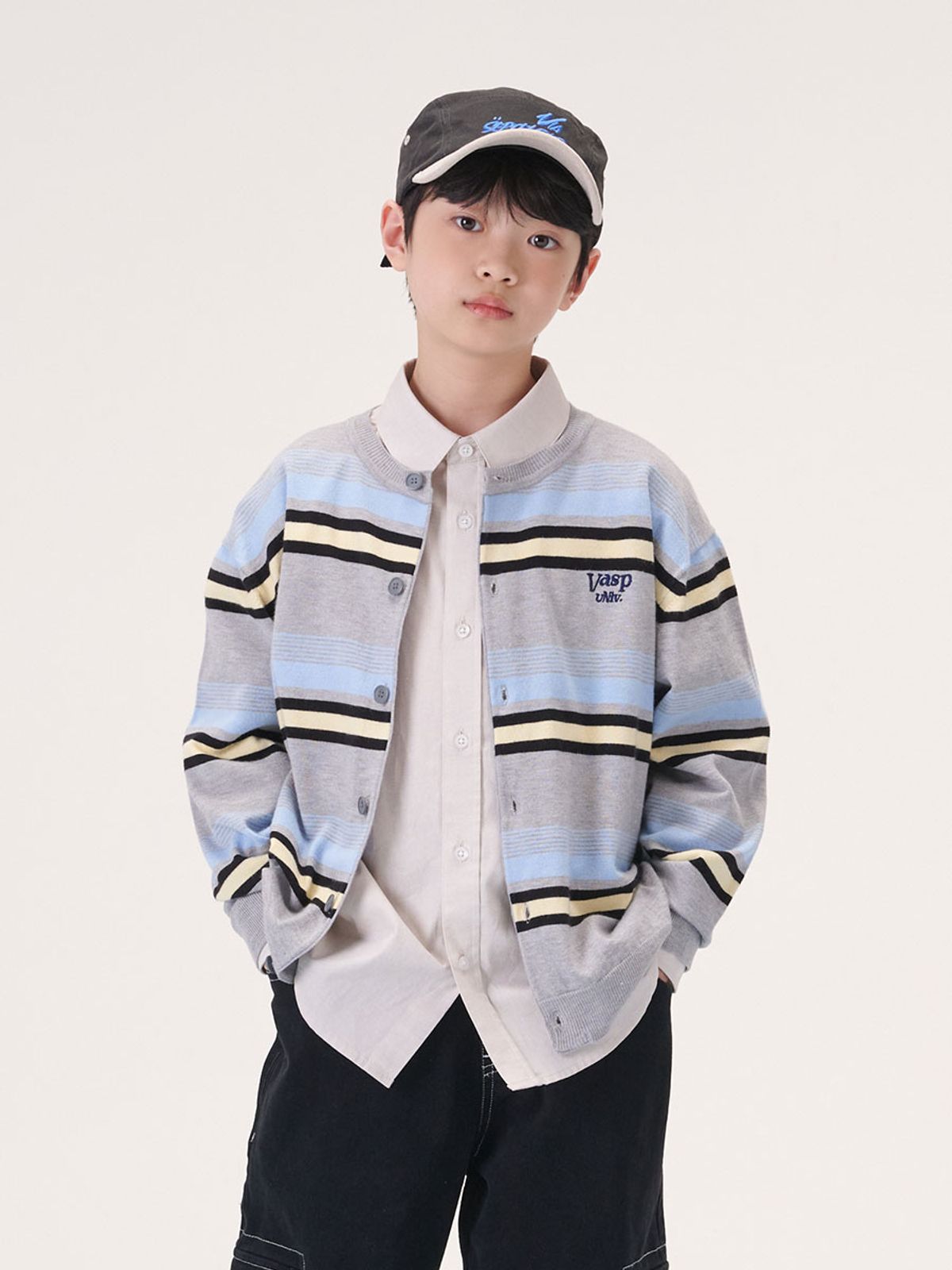 비아셉템버(VIASEPTEMBER) 마일로 스트라이프 니트 가디건 그레이