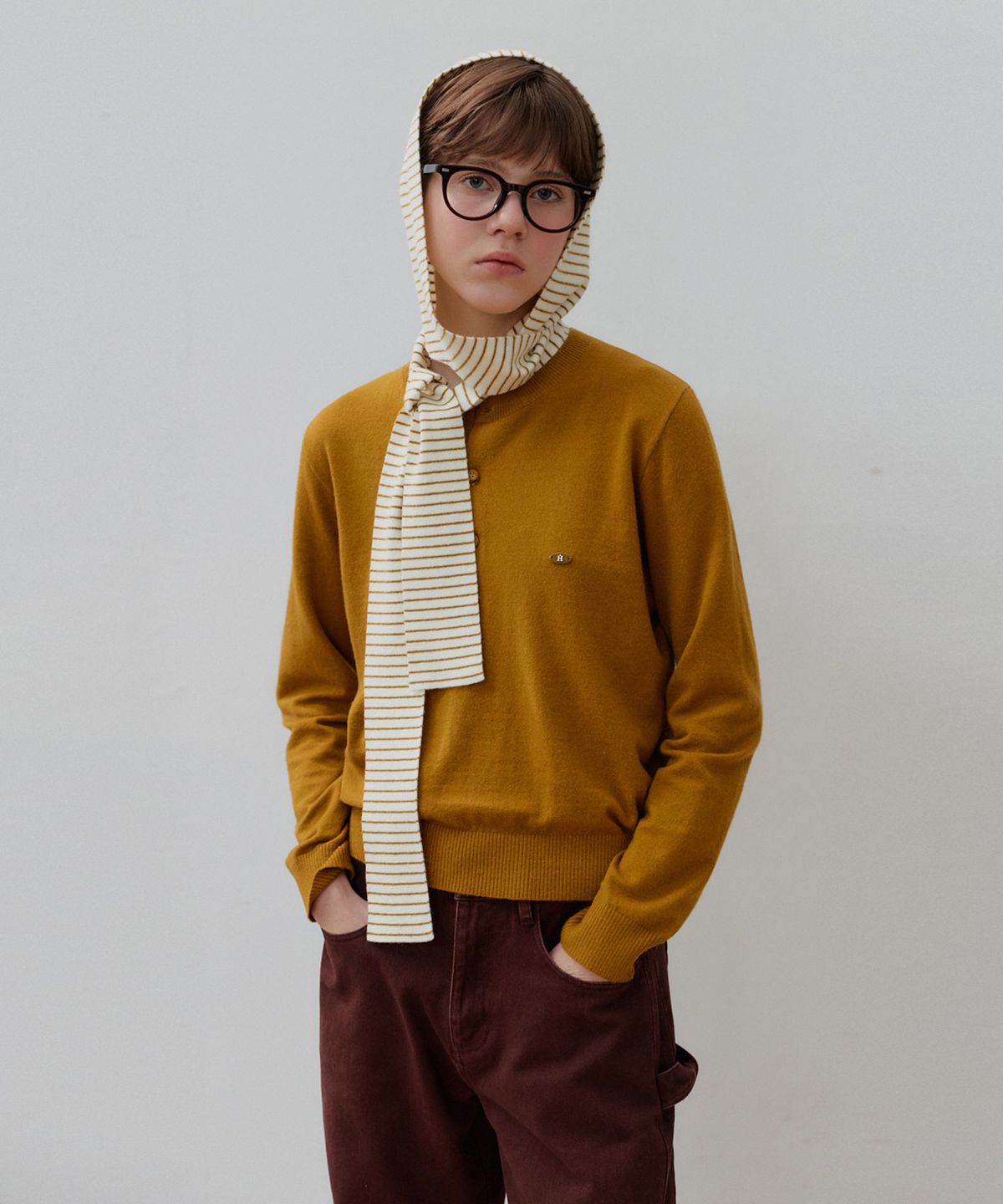 하네(HANE) [바라클라바 SET] 스트라이프 헨리넥 니트_Mustard Stripe