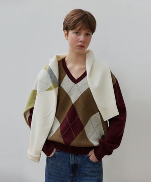 비깅 아가일 V넥 니트_Wine