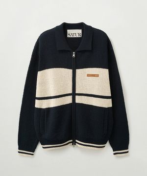 컬러 블록 니트 집업 네이비