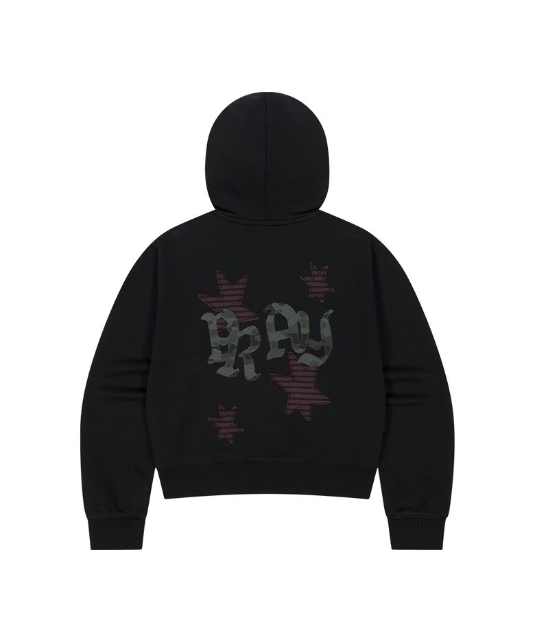 PRAY APPLIQUE CROP ZIP UP HOODIE BLACK(MG2FFFM494A)