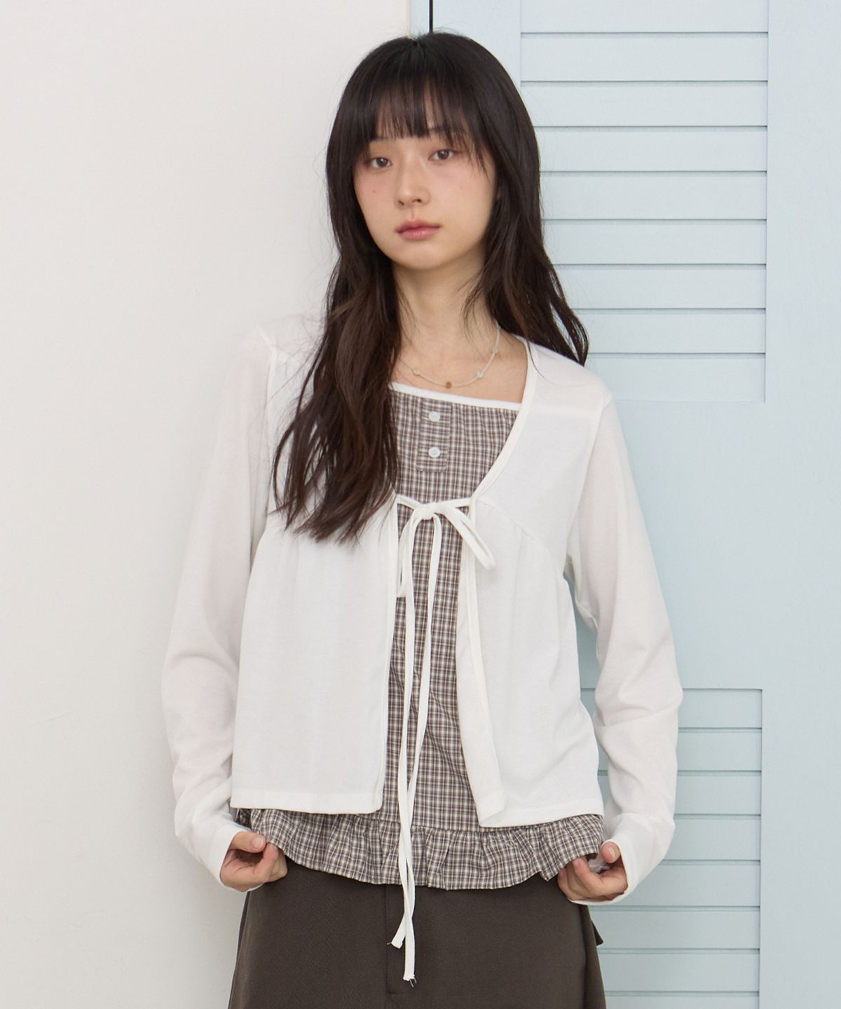 꼬모니노즈(COMONINOZ) W CHECK CARDIGAN [IVORY]