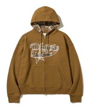 체크 스타테일 엘보우 패치 후드집업_머스타드