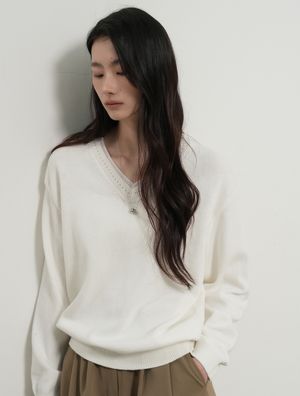 코튼 레이어드 브이넥 니트 풀오버 [WHITE] / GF1LKP506