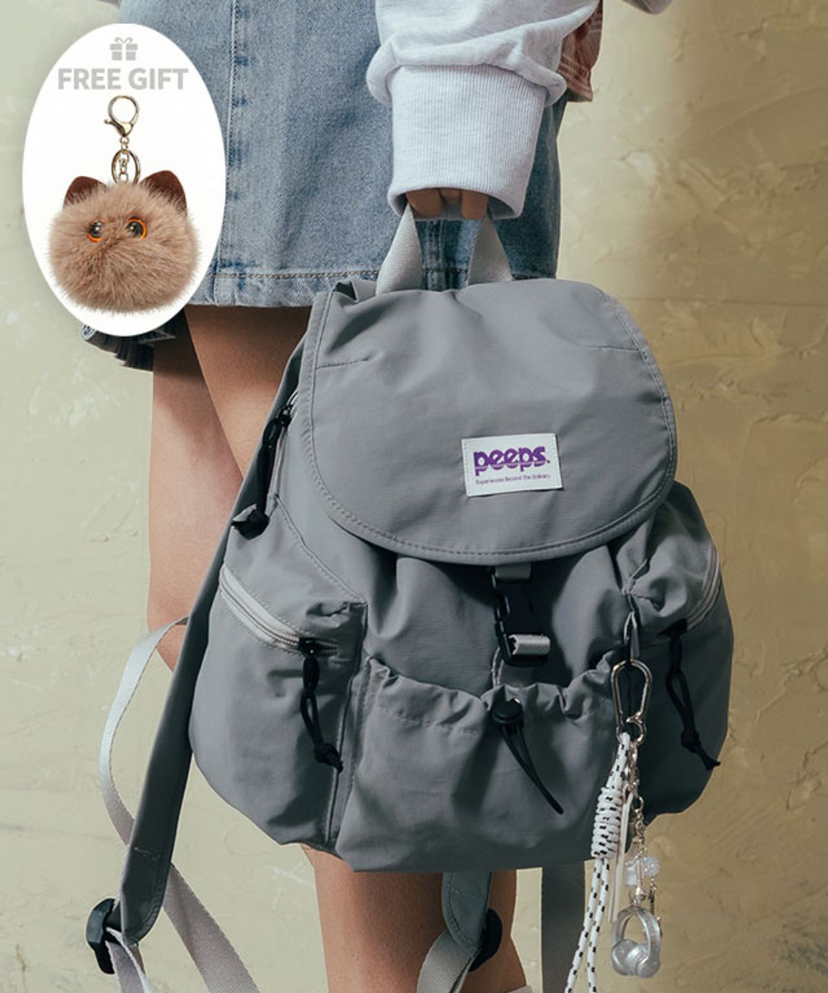 핍스(PEEPS) Compact Backpack(Gray) 폼버디 키링 포함