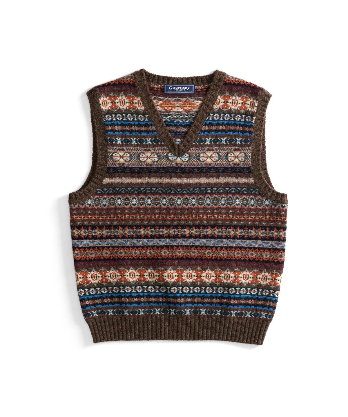 건지 울른스(Guernsey Woollens) 세인트피터 페어아일 브이넥 베스트 - 브라운