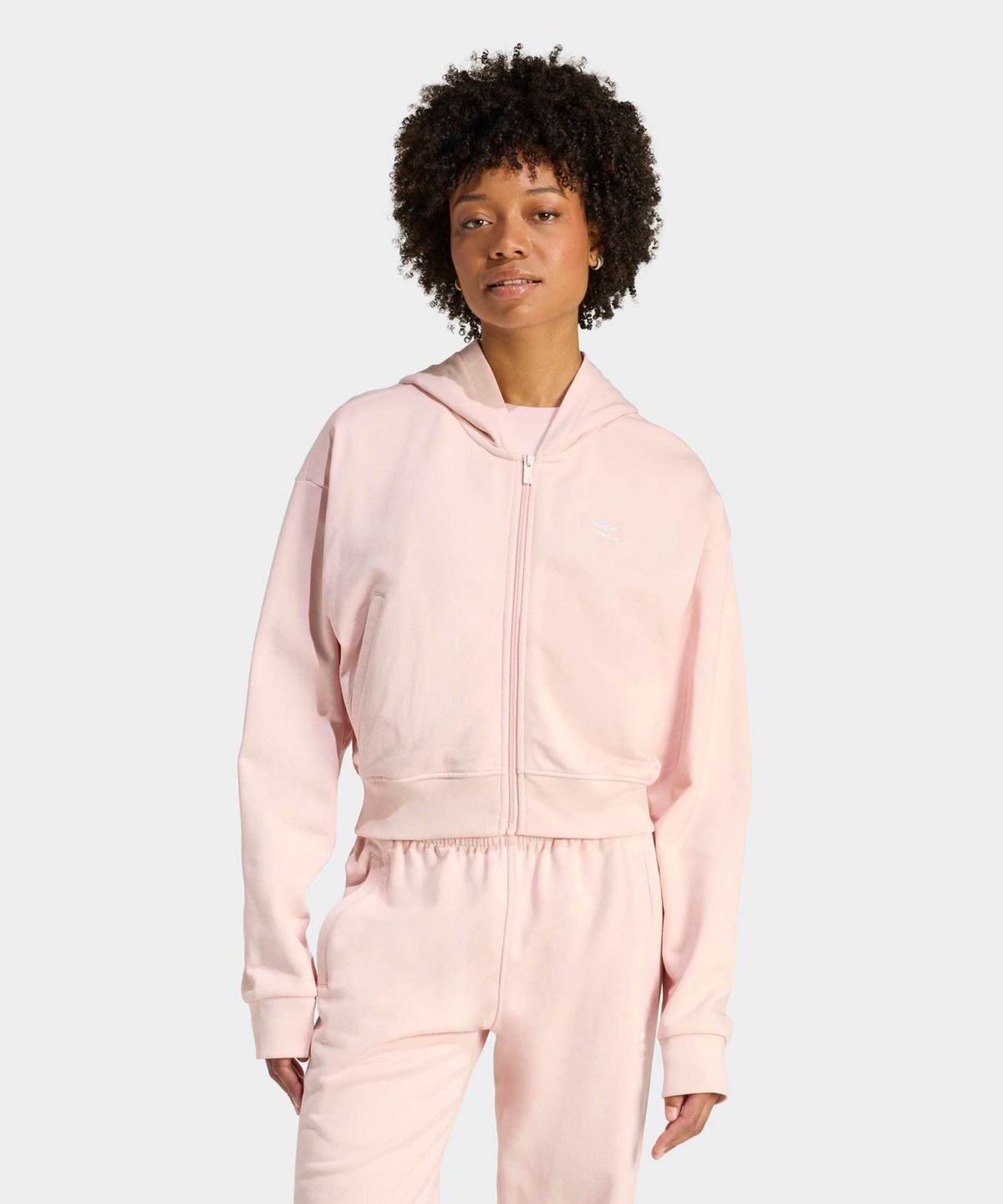 아디다스(ADIDAS) 에센셜 프렌치 테리 크롭 지퍼 후디 - 샌드핑크 / KE3217