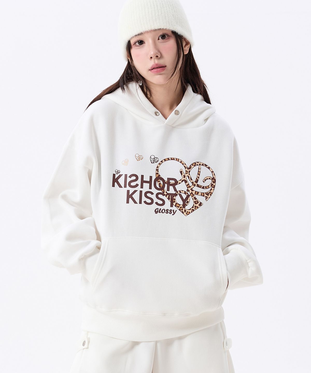 키쇼르(KISHOR) (기모) Kissty Leopard Hoodie White