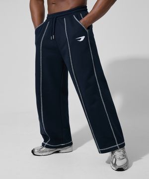 오버로크 스티치 스웨트 와이드 팬츠_네이비