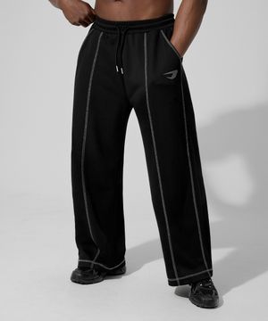 오버로크 스티치 스웨트 와이드 팬츠_블랙