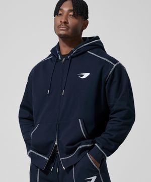 오버로크 스티치 스웨트 후드집업_네이비