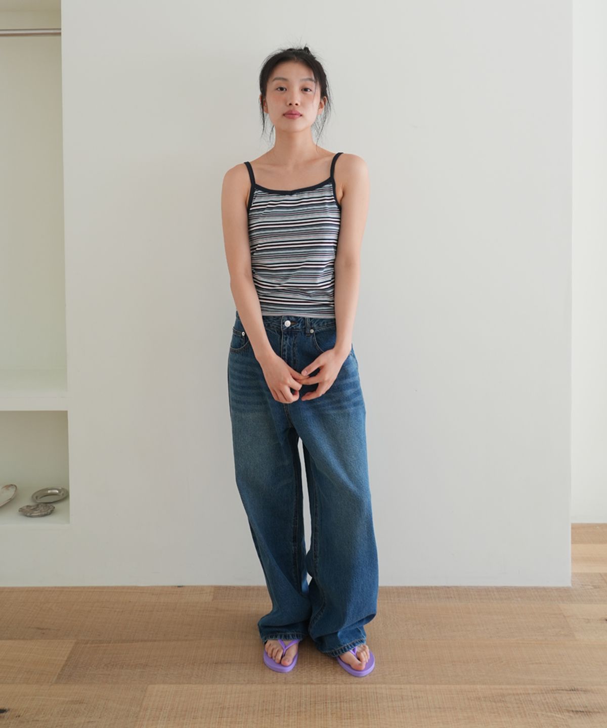 나츠(NAATS) Wide-fit washed denim pants, mid blue