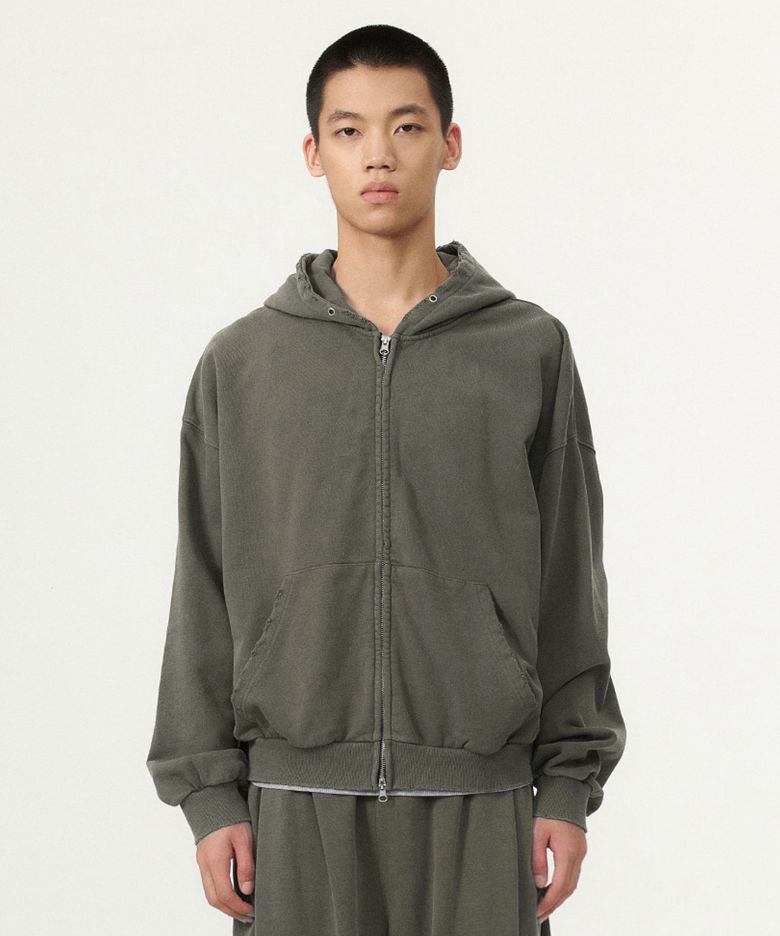 PIGMENT DAMAGE HOODIE ZIP-UP (OLIVE DRAB)