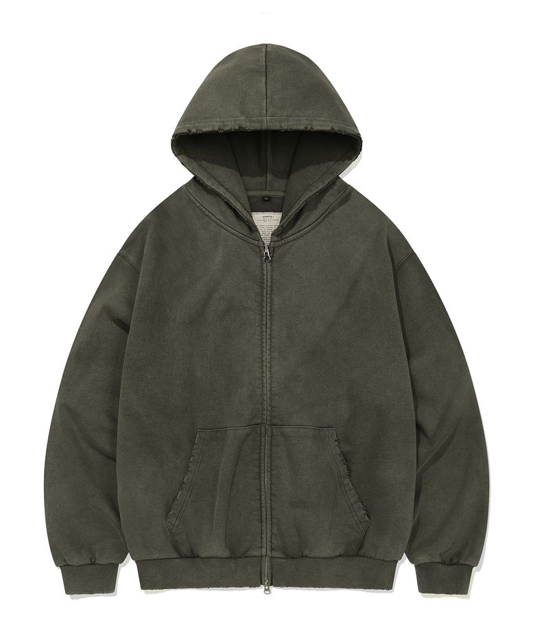 PIGMENT DAMAGE HOODIE ZIP-UP (OLIVE DRAB)