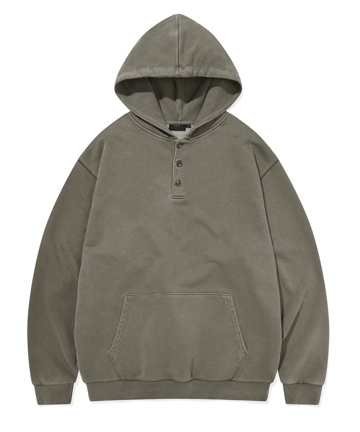 카네이테이(KANEITEI) PIGMENT WASHED HENLEY NECK HOODIE (OLIVE DRAB)