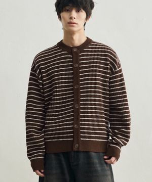 로우 스트라이프 크롭 니트 가디건 [브라운]