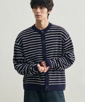 로우 스트라이프 크롭 니트 가디건 [네이비]