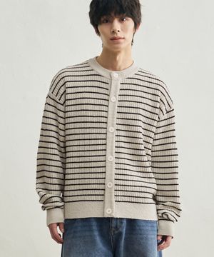 로우 스트라이프 크롭 니트 가디건 [크림베이지]