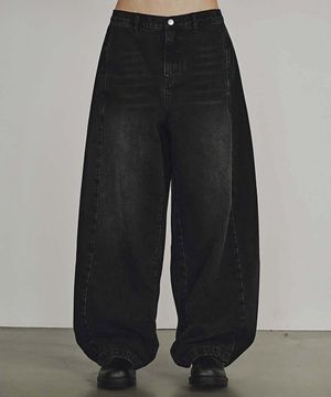 WASHED STRING WIDE DENIM PANTS (BLACK)
