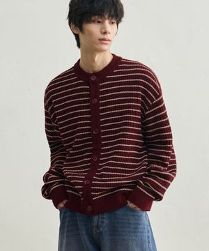 로우 스트라이프 크롭 니트 가디건 [레드]