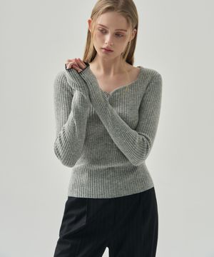 하트 넥 골지 슬림 니트 탑 [M.GREY]