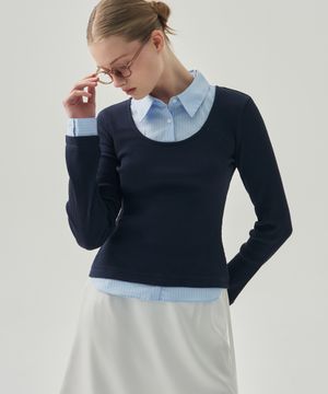 포엠 레이어드 카라 셔츠 탑 [BLUE STRIPE]