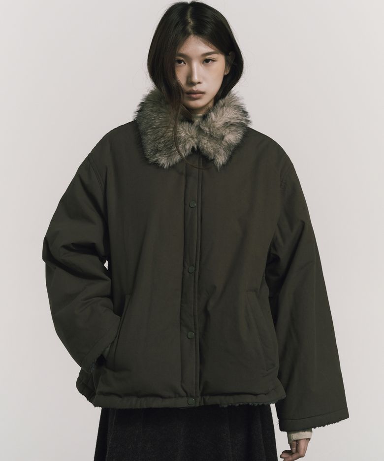 FUR HOOD SHORT JUMPER_KHAKI