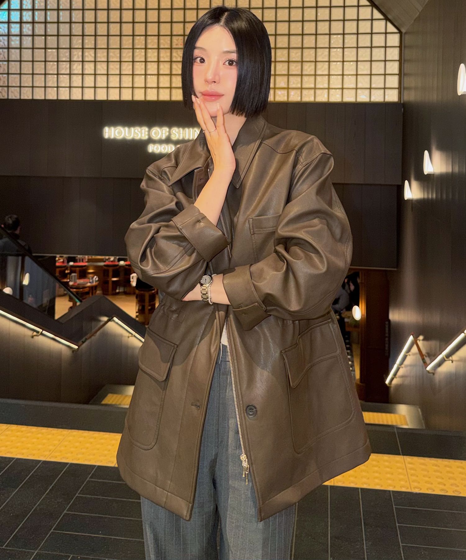 MUSINSA公式 | DRAWFIT WOMEN シングルレザーハーフジャケット [ブラウン]