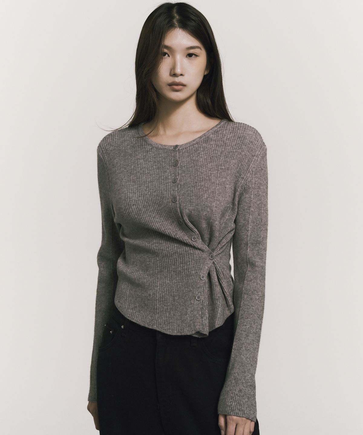 닉앤니콜(NICK&NICOLE) TWIST BUTTON RIB CARDIGAN_GRAY